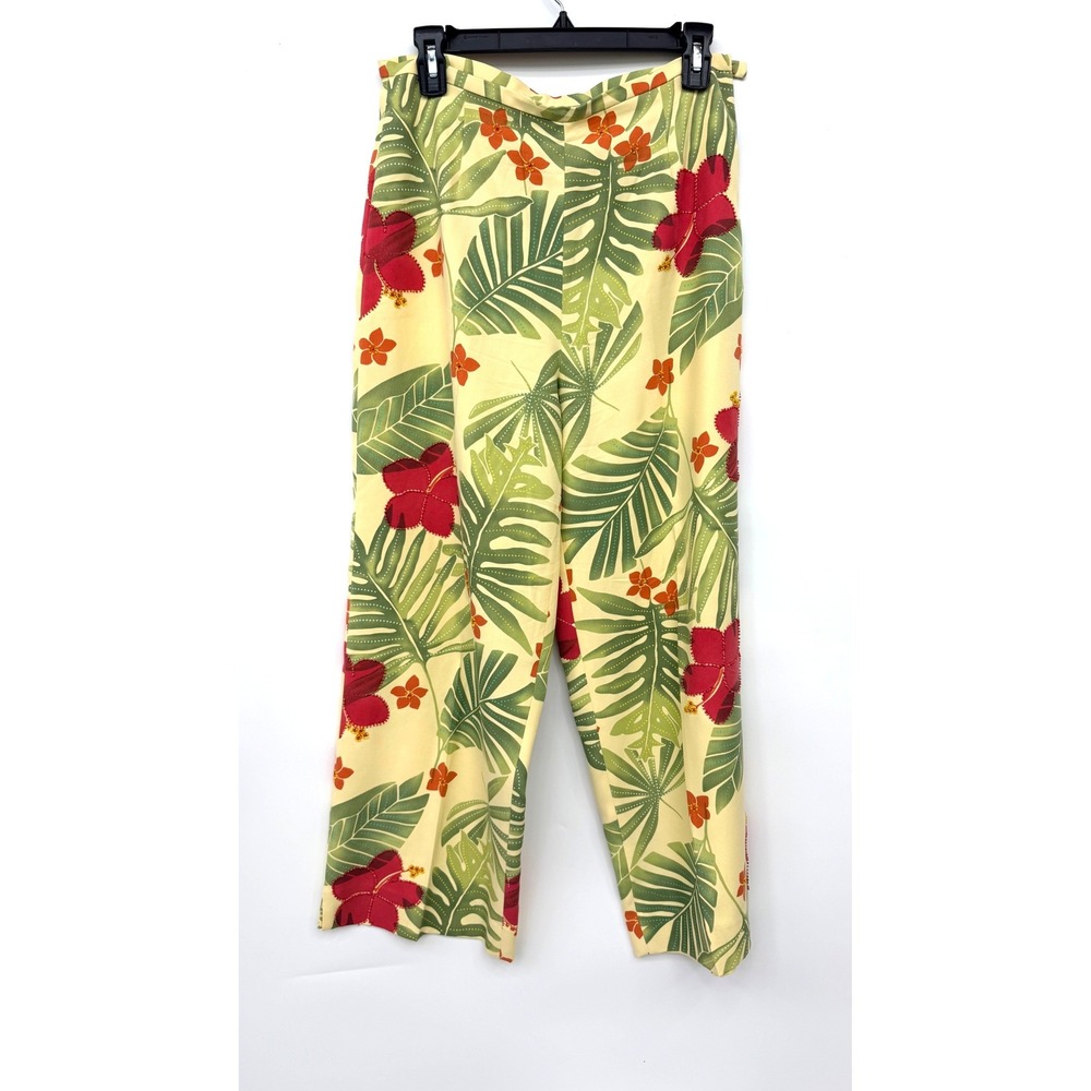 Honolulu Lulu Pants Tropical‎ Floral Beaded Silk Wide Leg Womens 8 Yellow